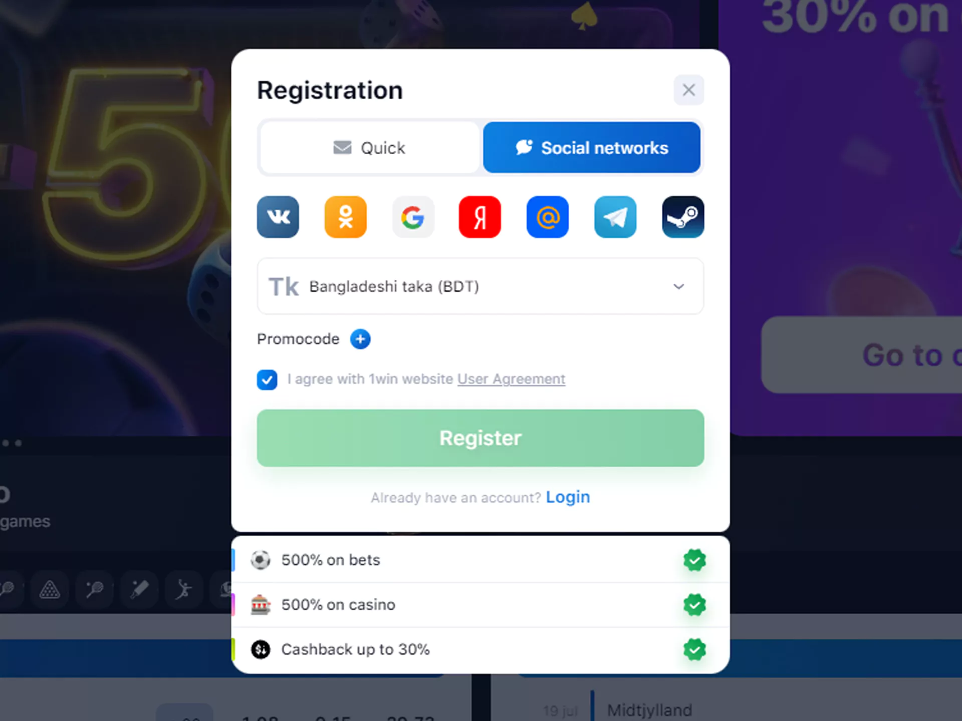 Select preferred registration method in WowBet - social media, phone number, email.