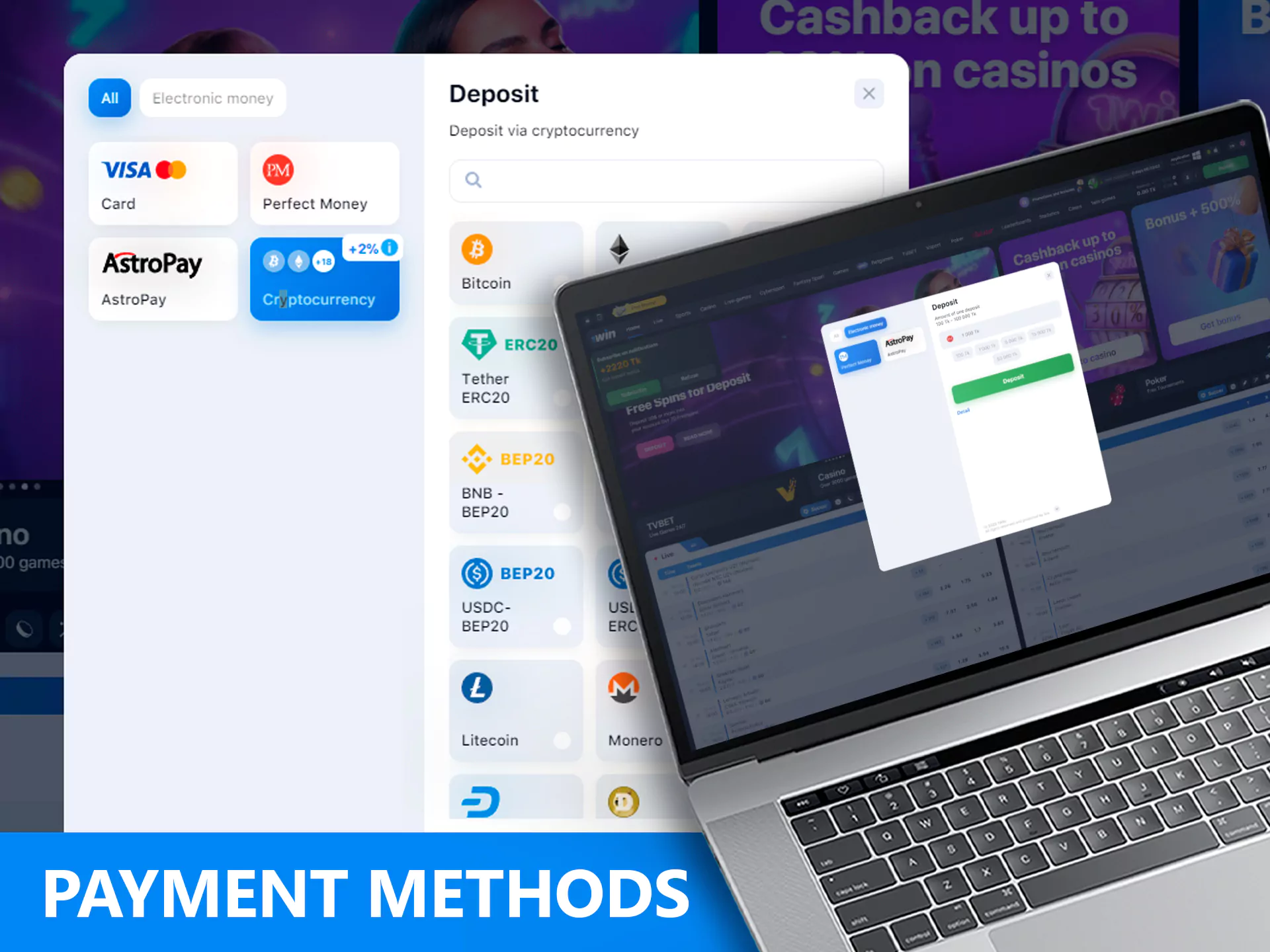 The most popular deposit methods in WowBet are bank cards, e-wallets and crypto-wallets.