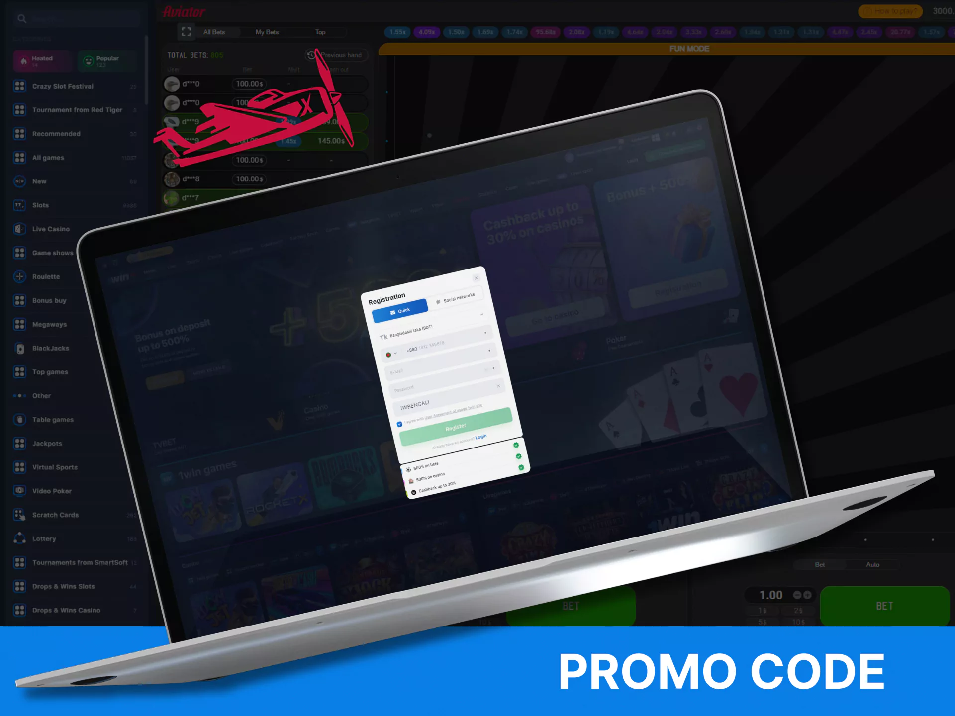 Enter a special promo code from WOWBet and get bonuses in the Aviator game.