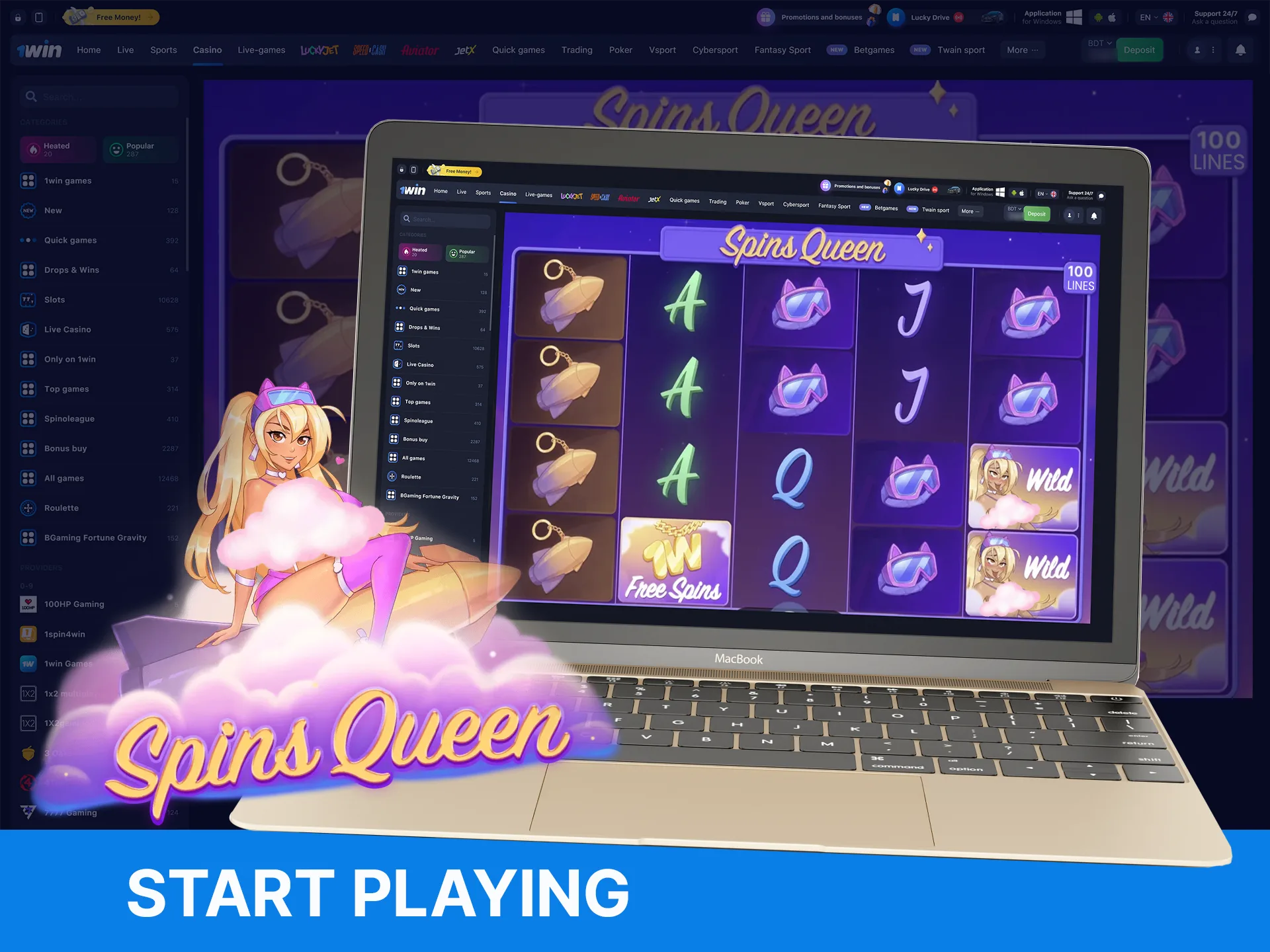 How can you start playing Spins Queen on the WOWBet website.